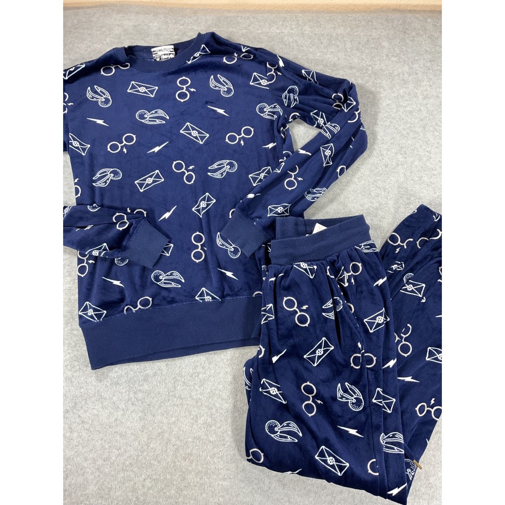Harry Potter Wizarding World Navy Blue Plush Pajama Set XS Snitch Glasses 2688